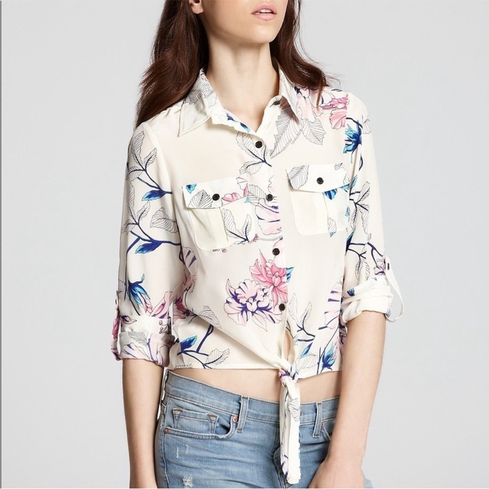 Yumi Kim Floral Flowers Sheer Button Down Shirt Blouse Front Pockets Tie Front